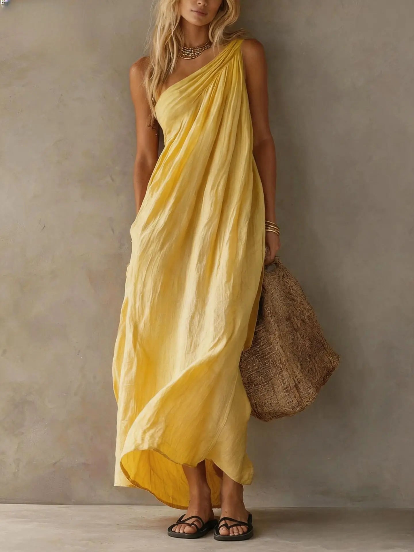 Women's One Shoulder Linen Maxi Dress