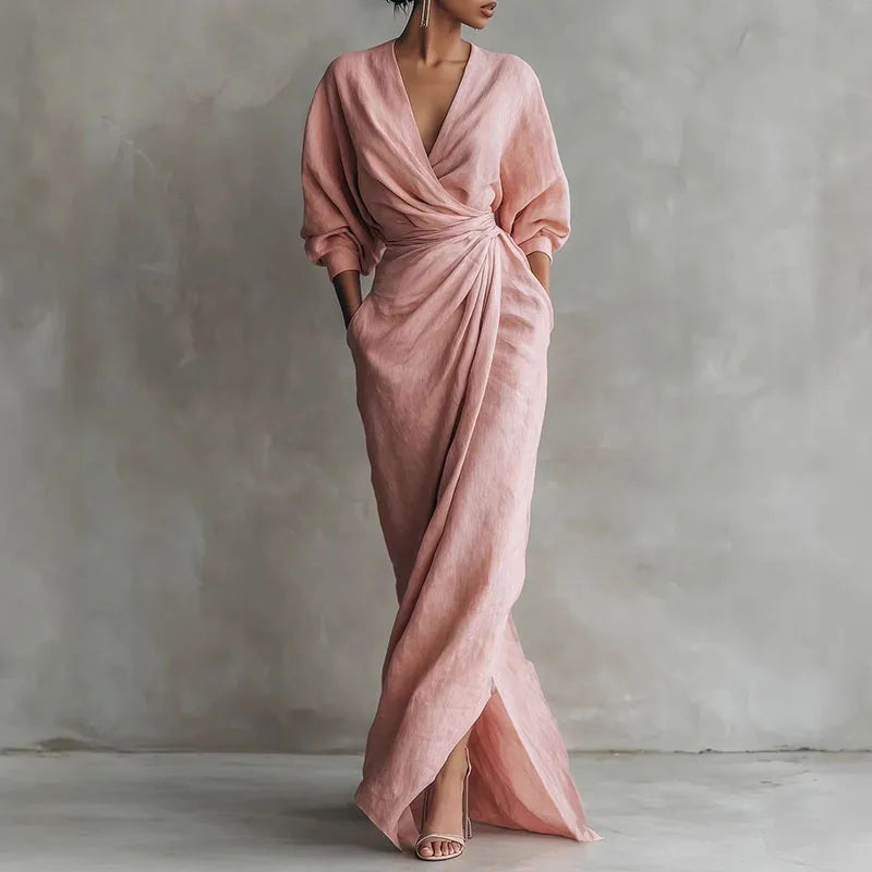 Women's V Neck Wrap Waist Long Dress