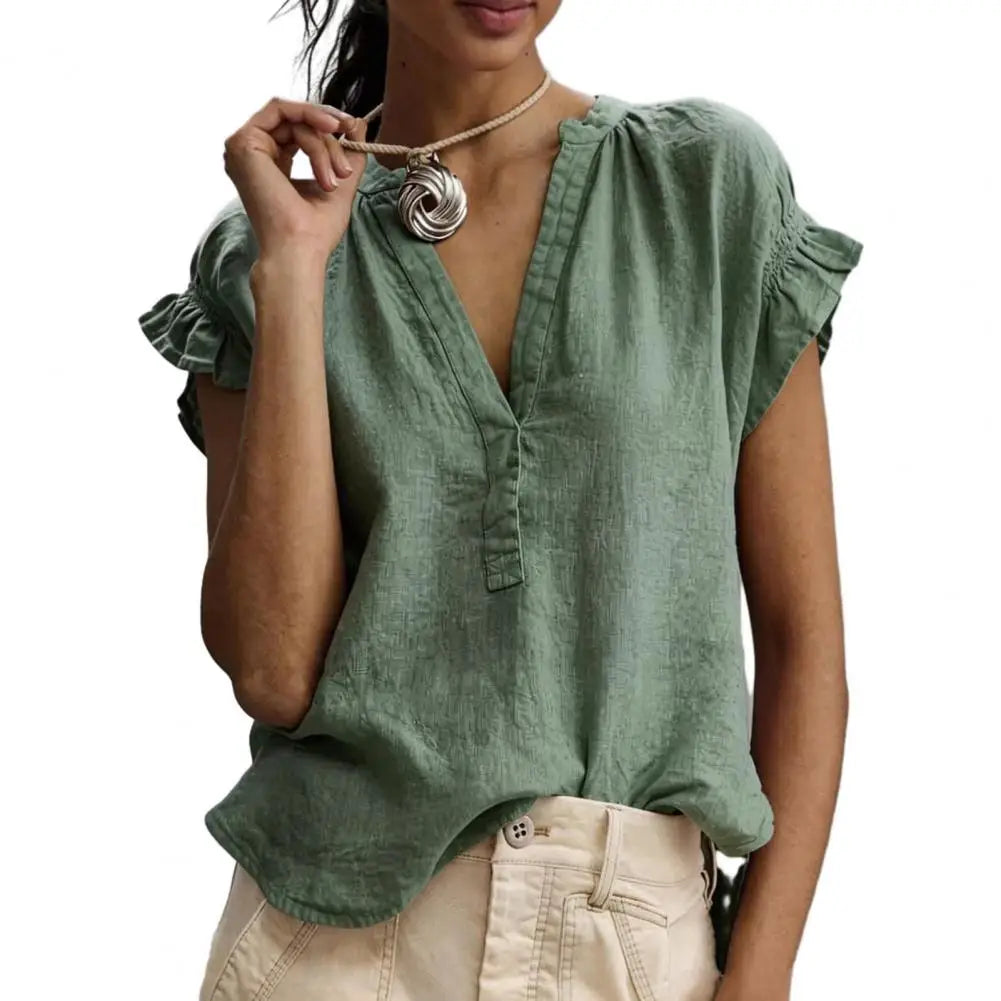 Women's Relaxed V Neck Ruffled Blouse