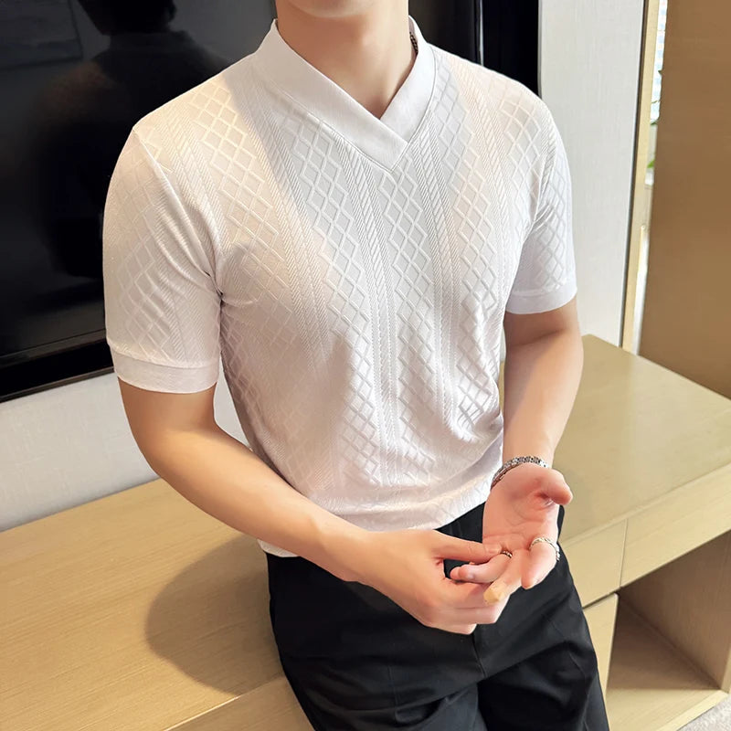 Slim Fit Short-Sleeve V-Neck Knit Sweater