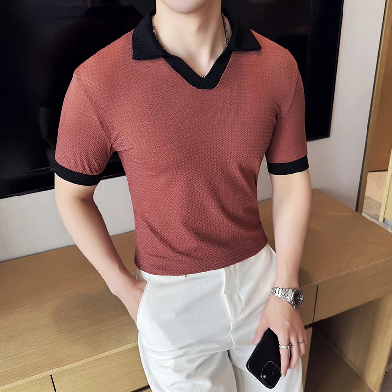 Slim Fit Patchwork Short-Sleeve Polo Shirt