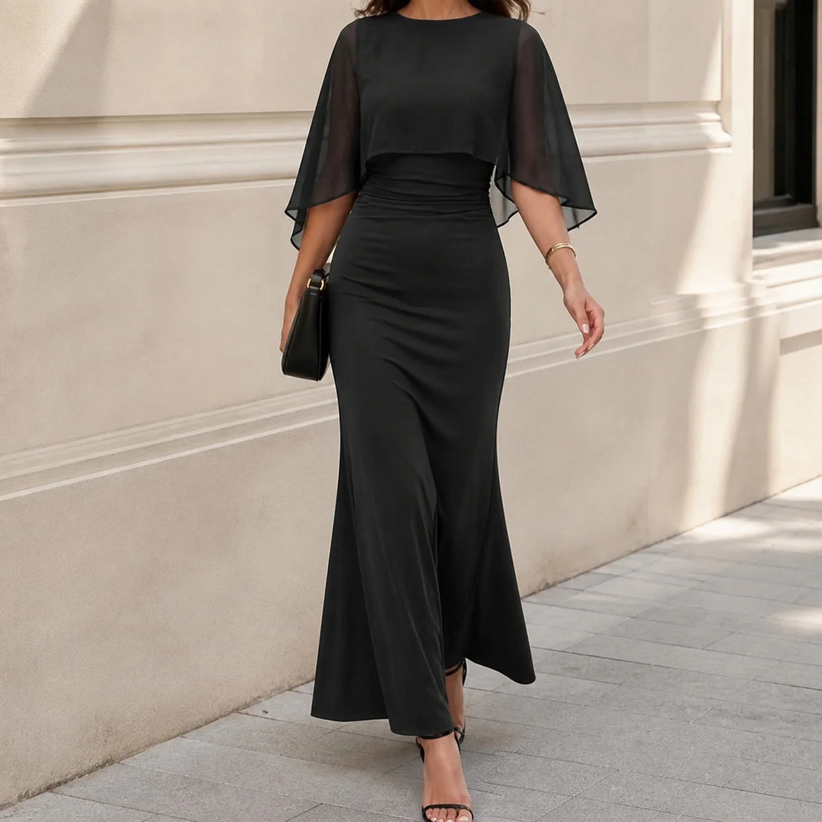 Round neck three quarter sleeve patchwork bodycon maxi dress