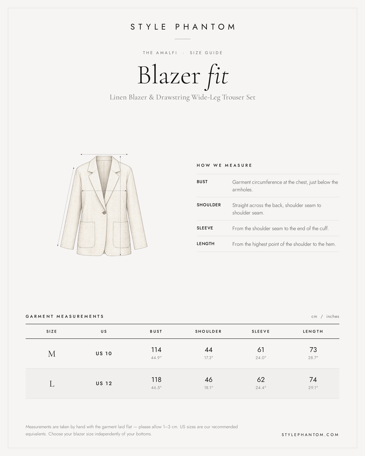 The Amalfi Linen Blazer & Drawstring Wide-Leg Trouser Set — Blazer size guide