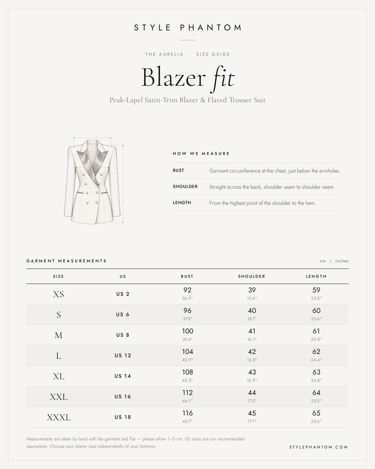 The Aurelia Peak-Lapel Satin-Trim Blazer & Flared Trouser Suit — Blazer size guide