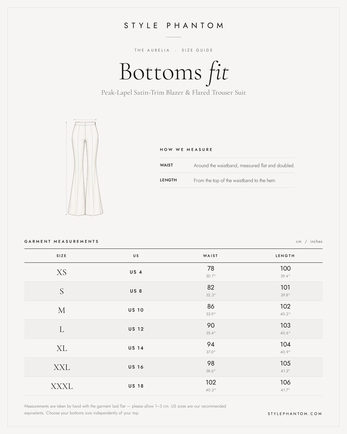 The Aurelia Peak-Lapel Satin-Trim Blazer & Flared Trouser Suit — trousers size guide