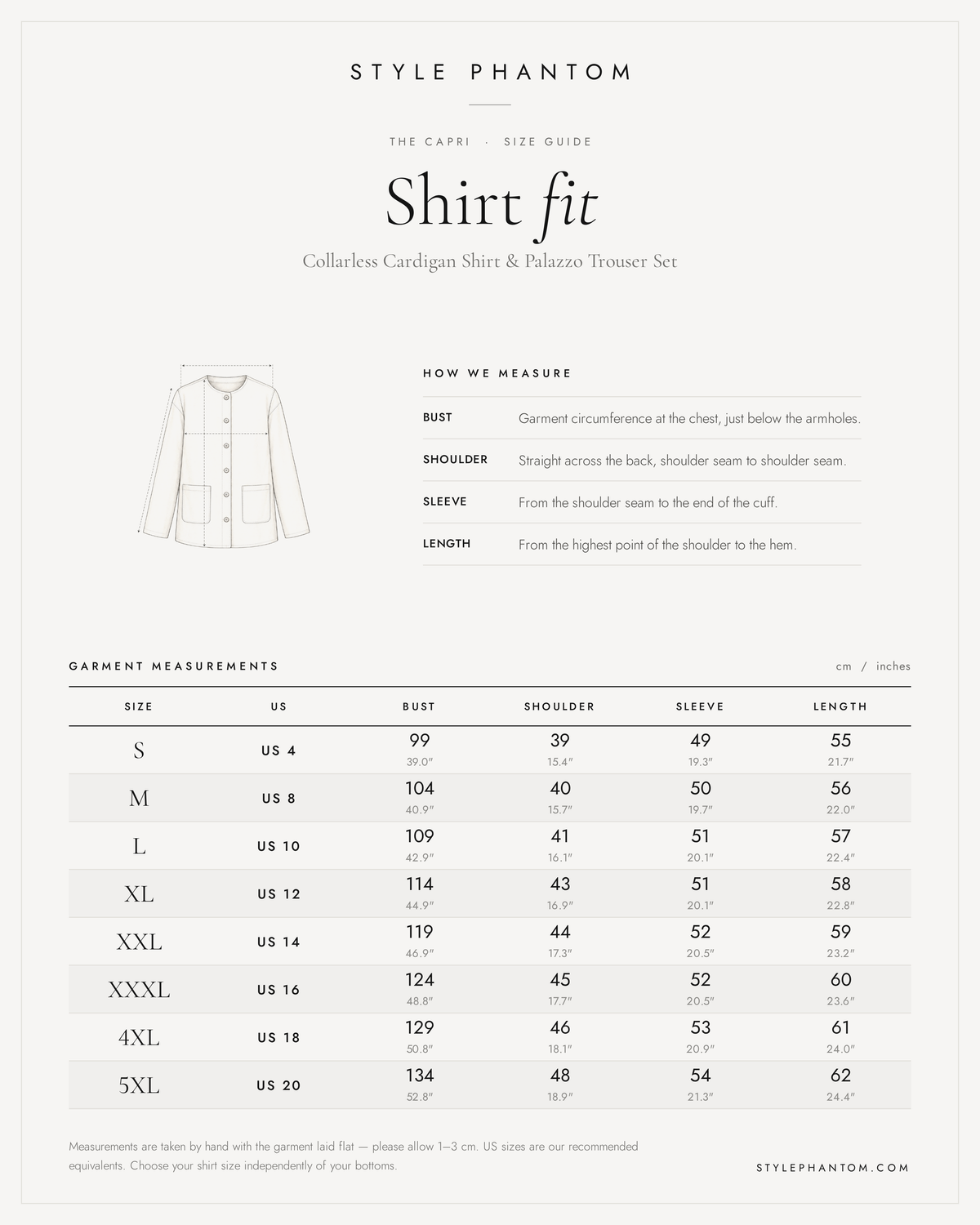 The Capri Collarless Cardigan Shirt & Palazzo Trouser Set — Shirt size guide
