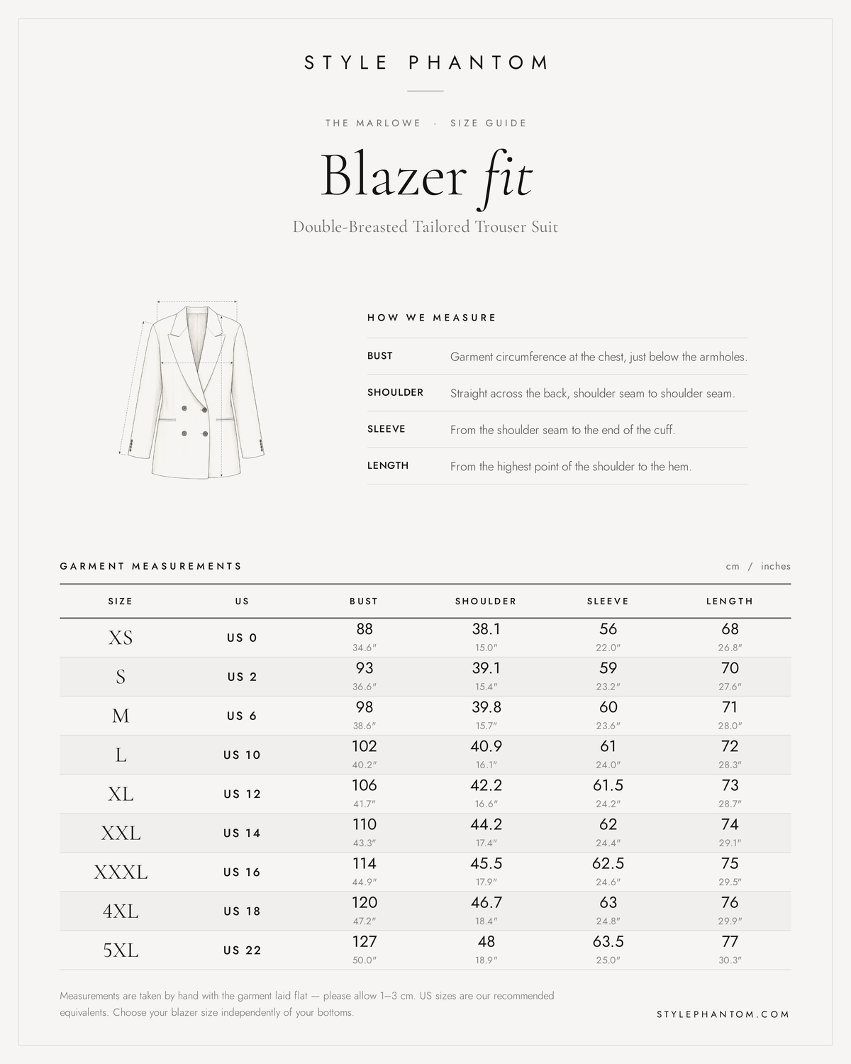 The Marlowe Double-Breasted Tailored Trouser Suit — Blazer size guide