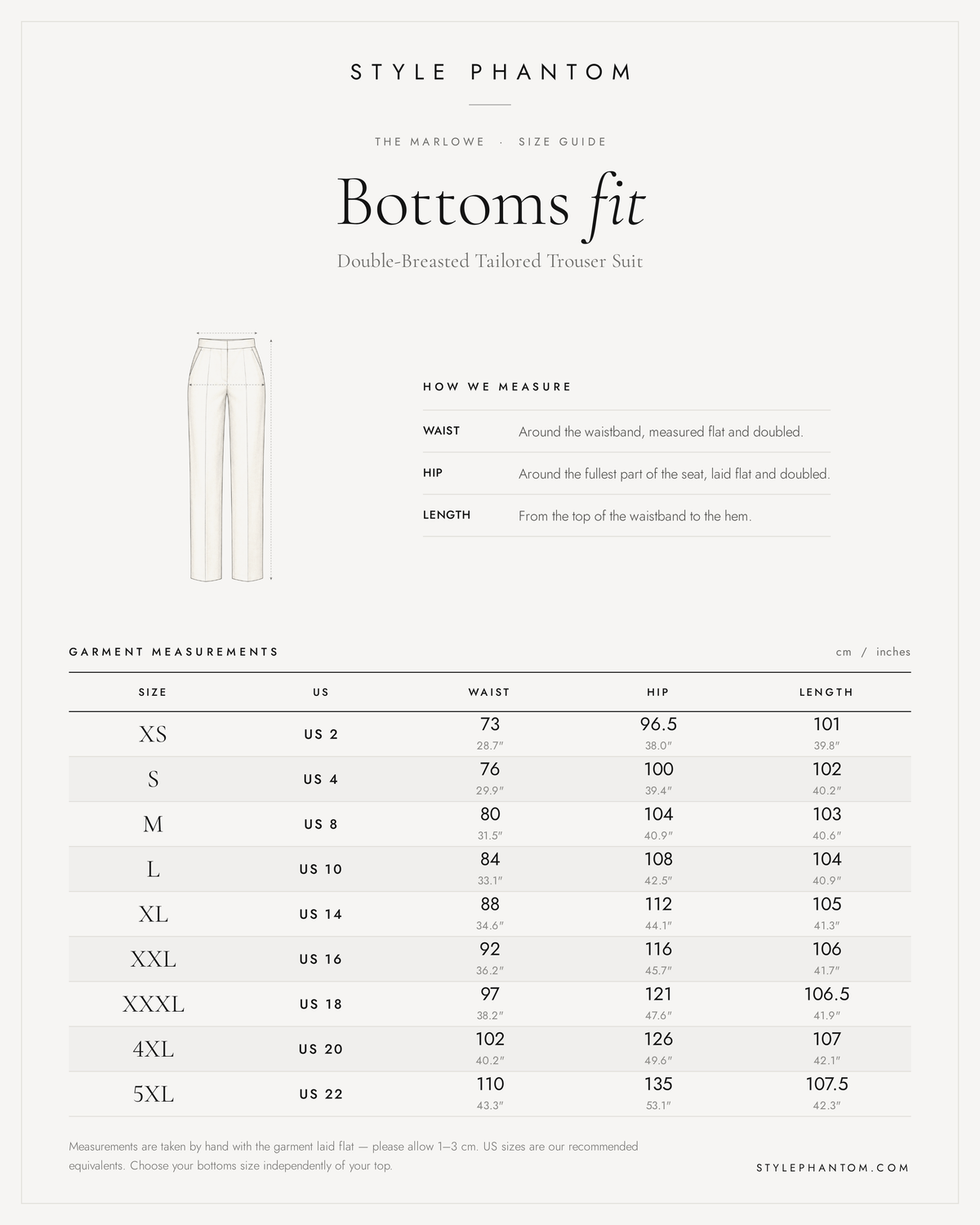 The Marlowe Double-Breasted Tailored Trouser Suit — trousers size guide