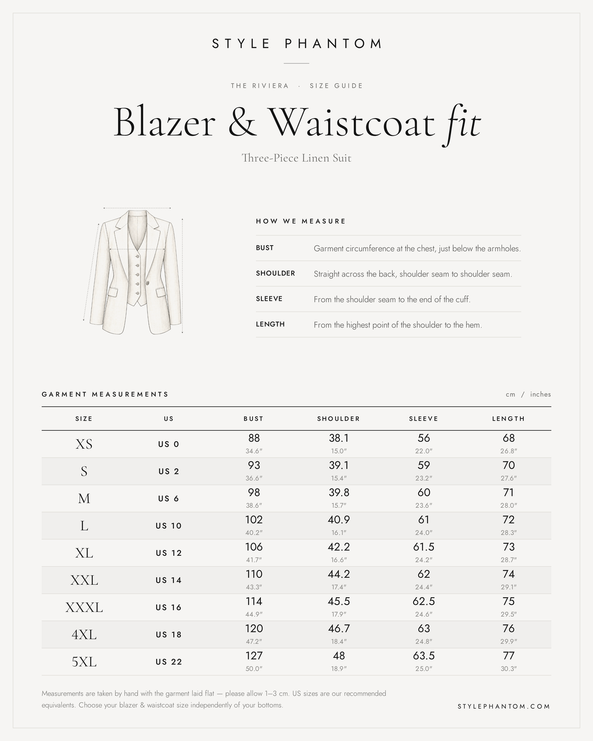 The Riviera Three-Piece Linen Suit — Blazer, Waistcoat & Trousers — Blazer & Waistcoat size guide