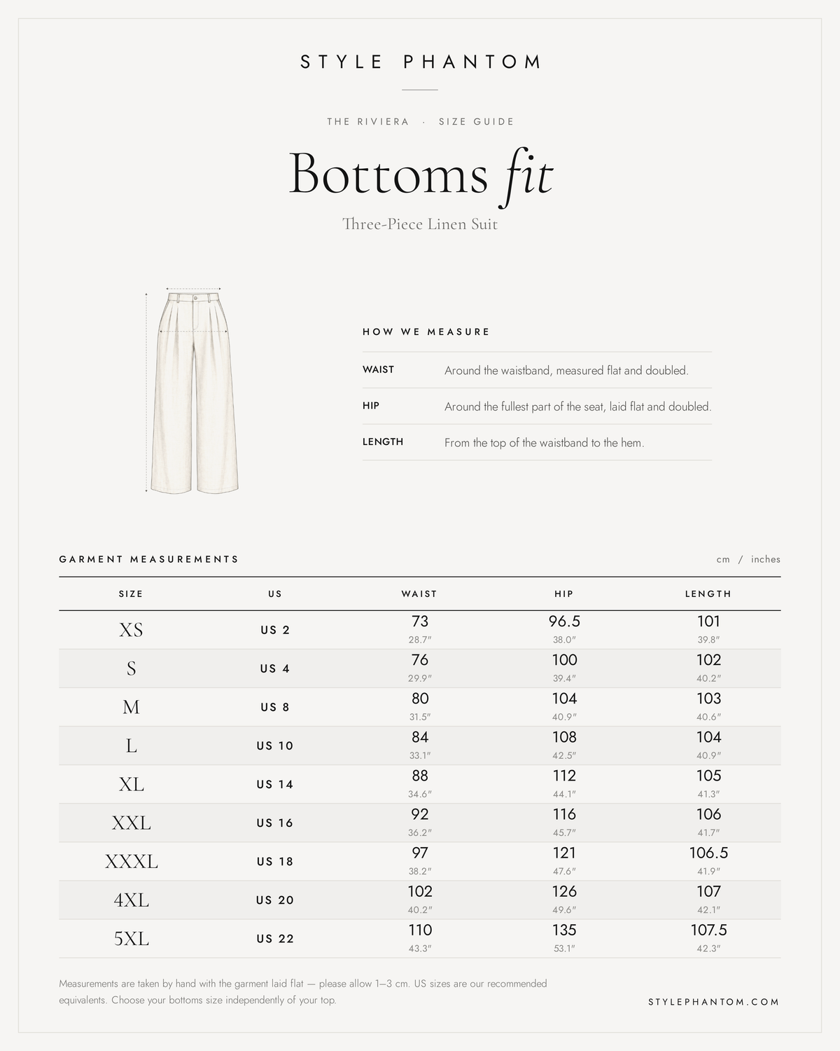 The Riviera Three-Piece Linen Suit — Blazer, Waistcoat & Trousers — trousers size guide