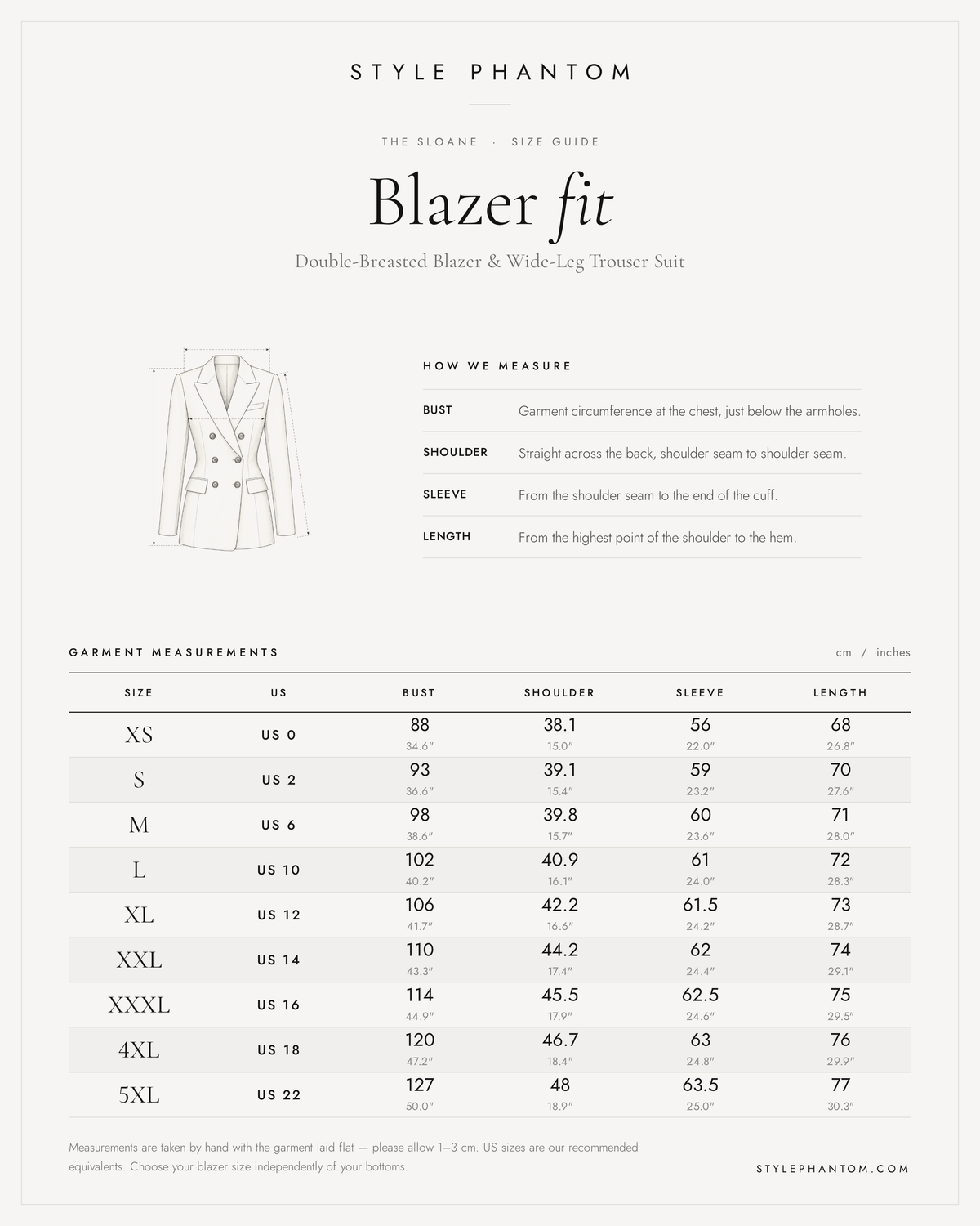 The Sloane Double-Breasted Blazer & Wide-Leg Trouser Suit — Blazer size guide
