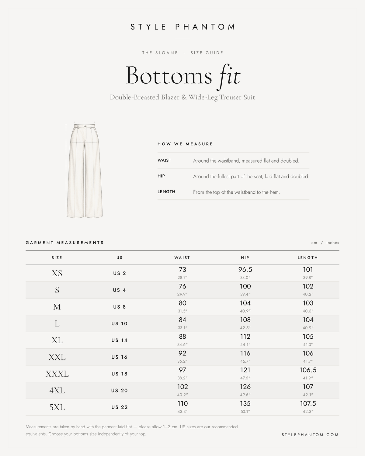 The Sloane Double-Breasted Blazer & Wide-Leg Trouser Suit — trousers size guide
