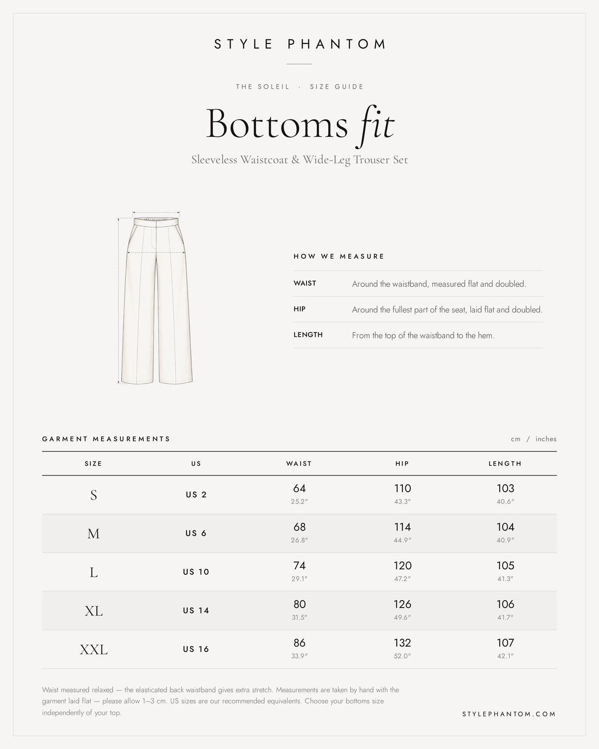 The Soleil Sleeveless Waistcoat & Wide-Leg Trouser Set — trousers size guide