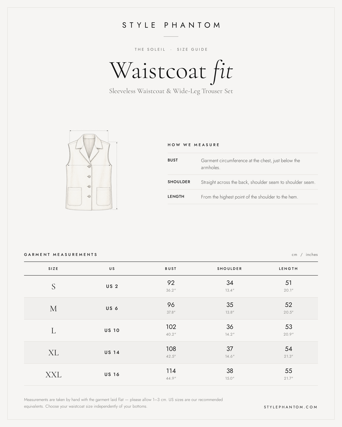 The Soleil Sleeveless Waistcoat & Wide-Leg Trouser Set — Waistcoat size guide
