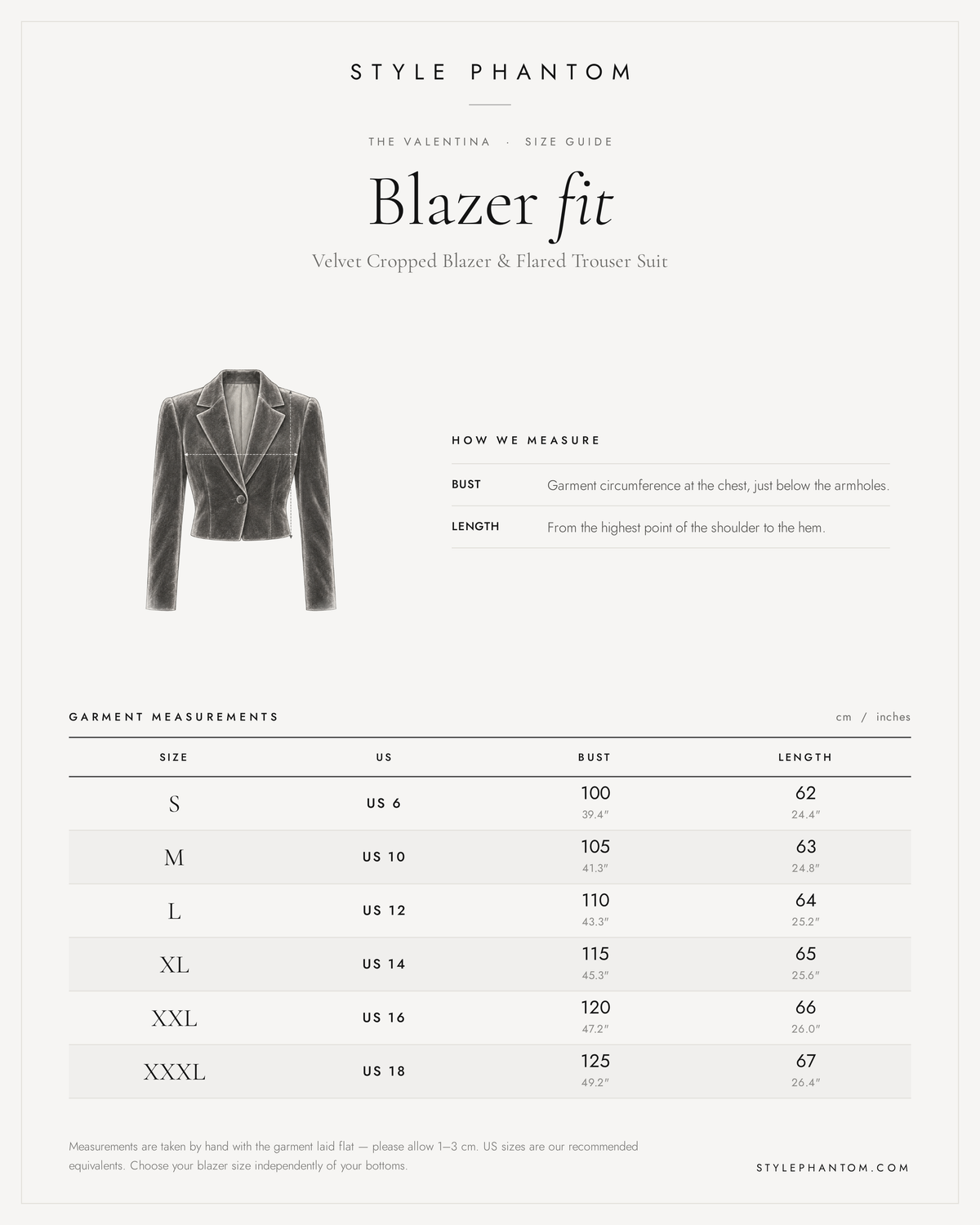 The Valentina Velvet Cropped Blazer & Flared Trouser Suit — Blazer size guide