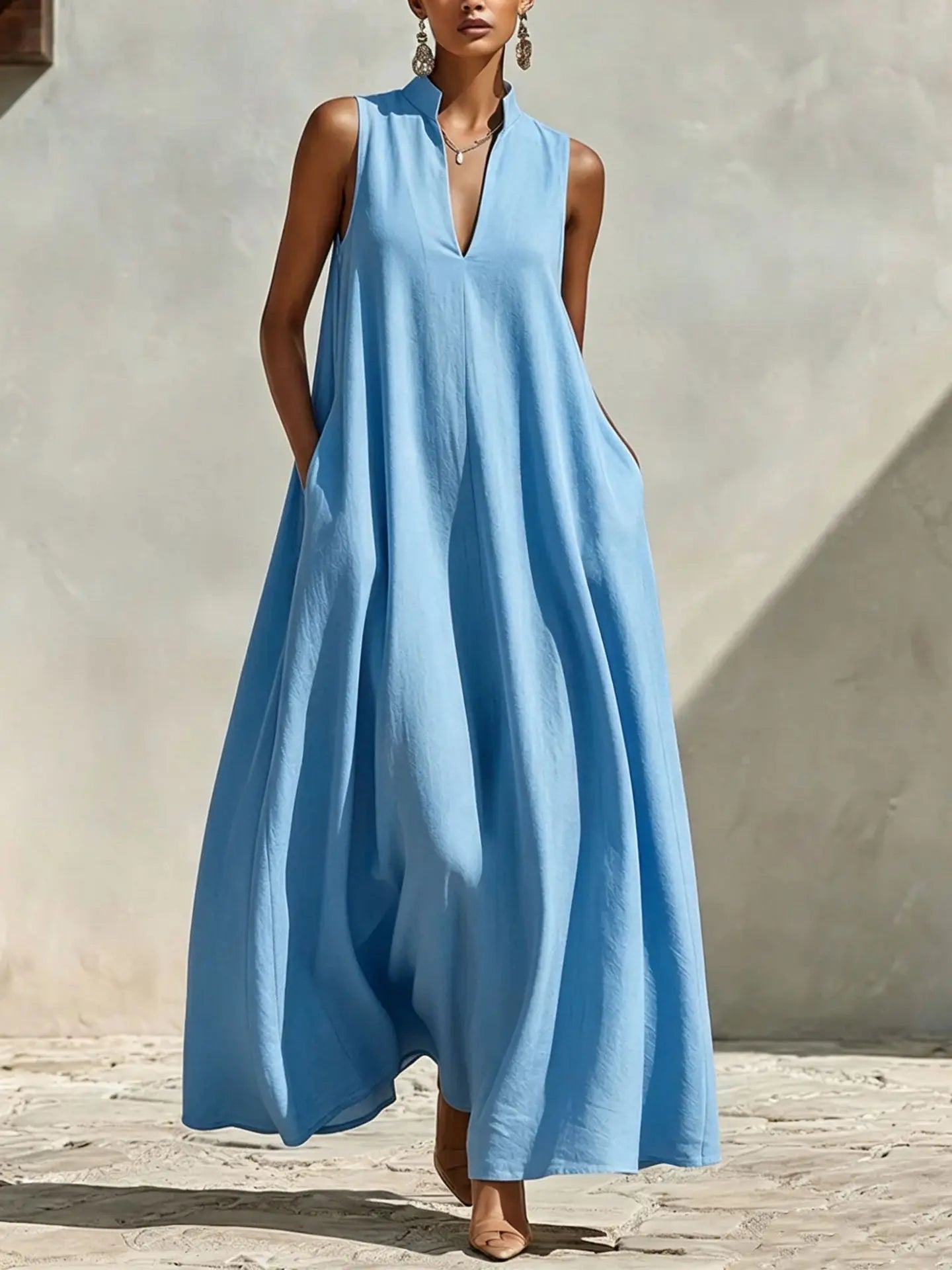 Women's Linen V-Neck Pocket Maxi Dress