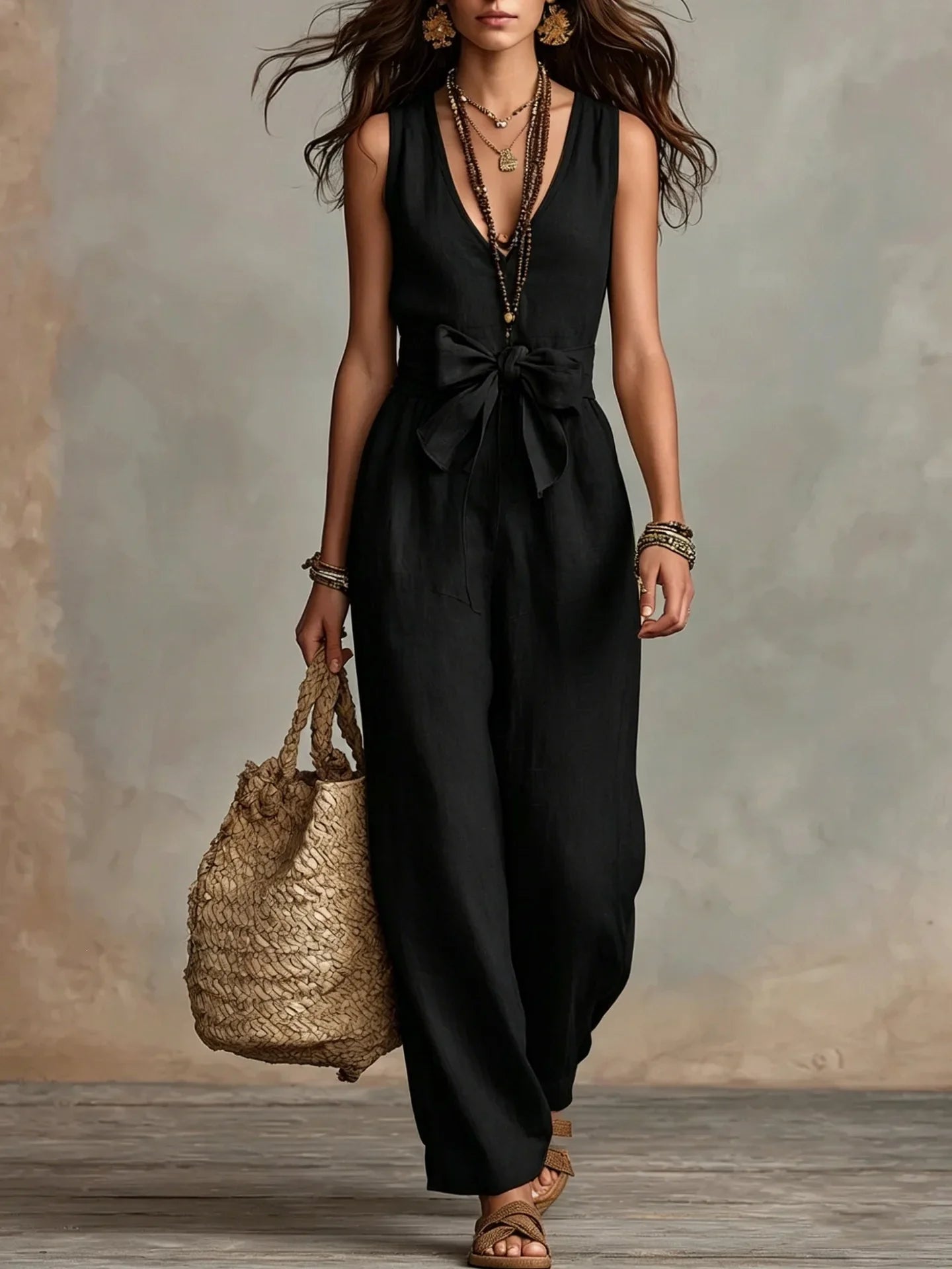 Women's Front Tie Linen Jumpsuit