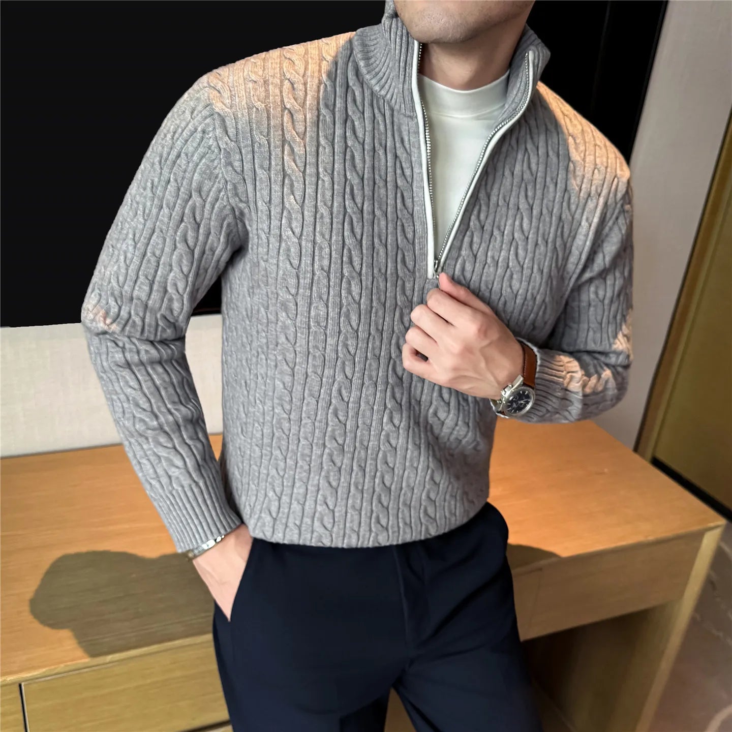 Slim Fit Striped Long-Sleeve Knit Sweater