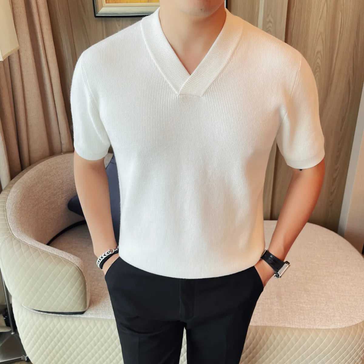 Slim Fit Short-Sleeve V-Neck Knit Sweater