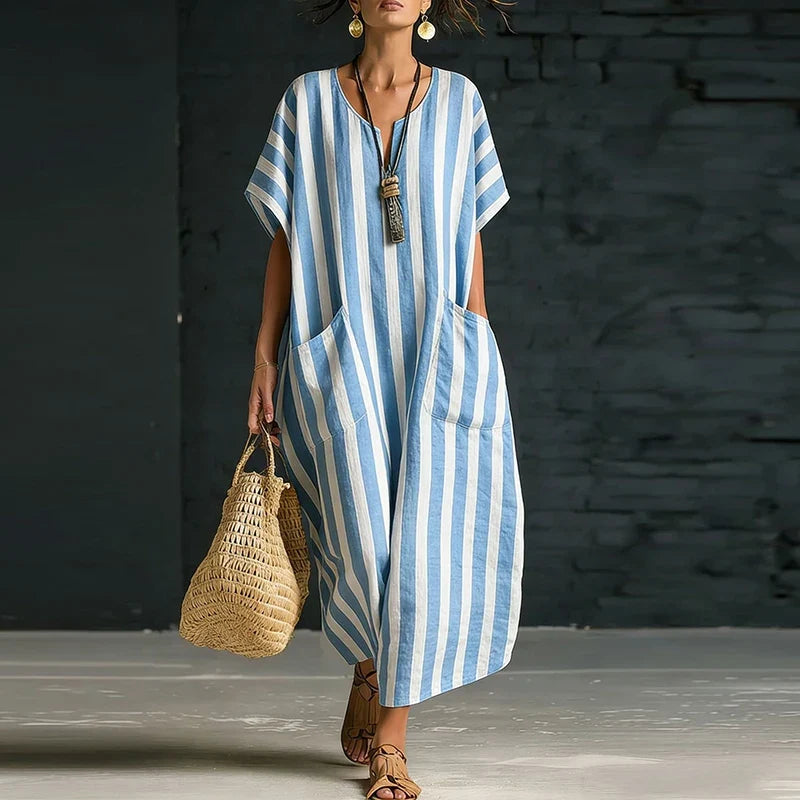 Women's Striped V Neck Boho Maxi Dress