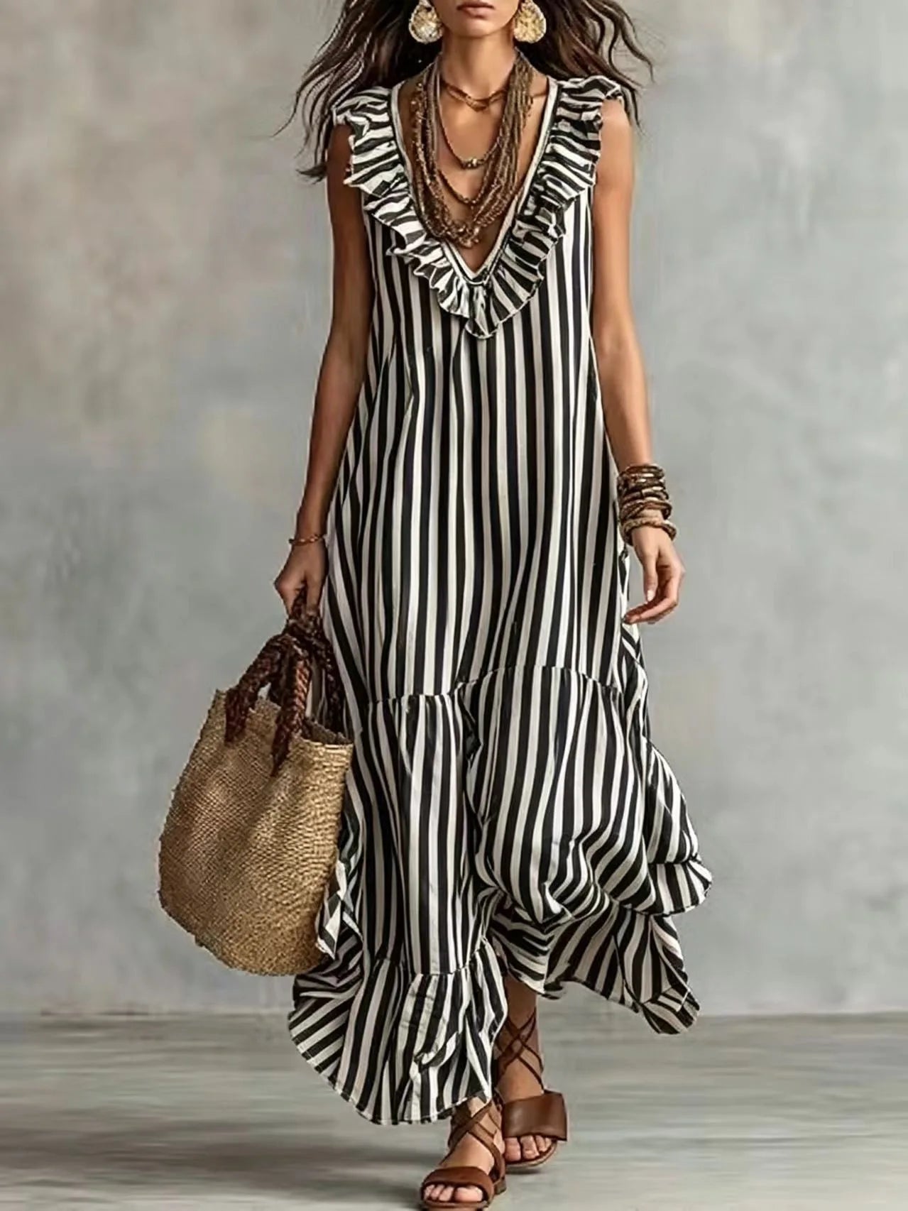 Women's Ruffle Striped Maxi Dress
