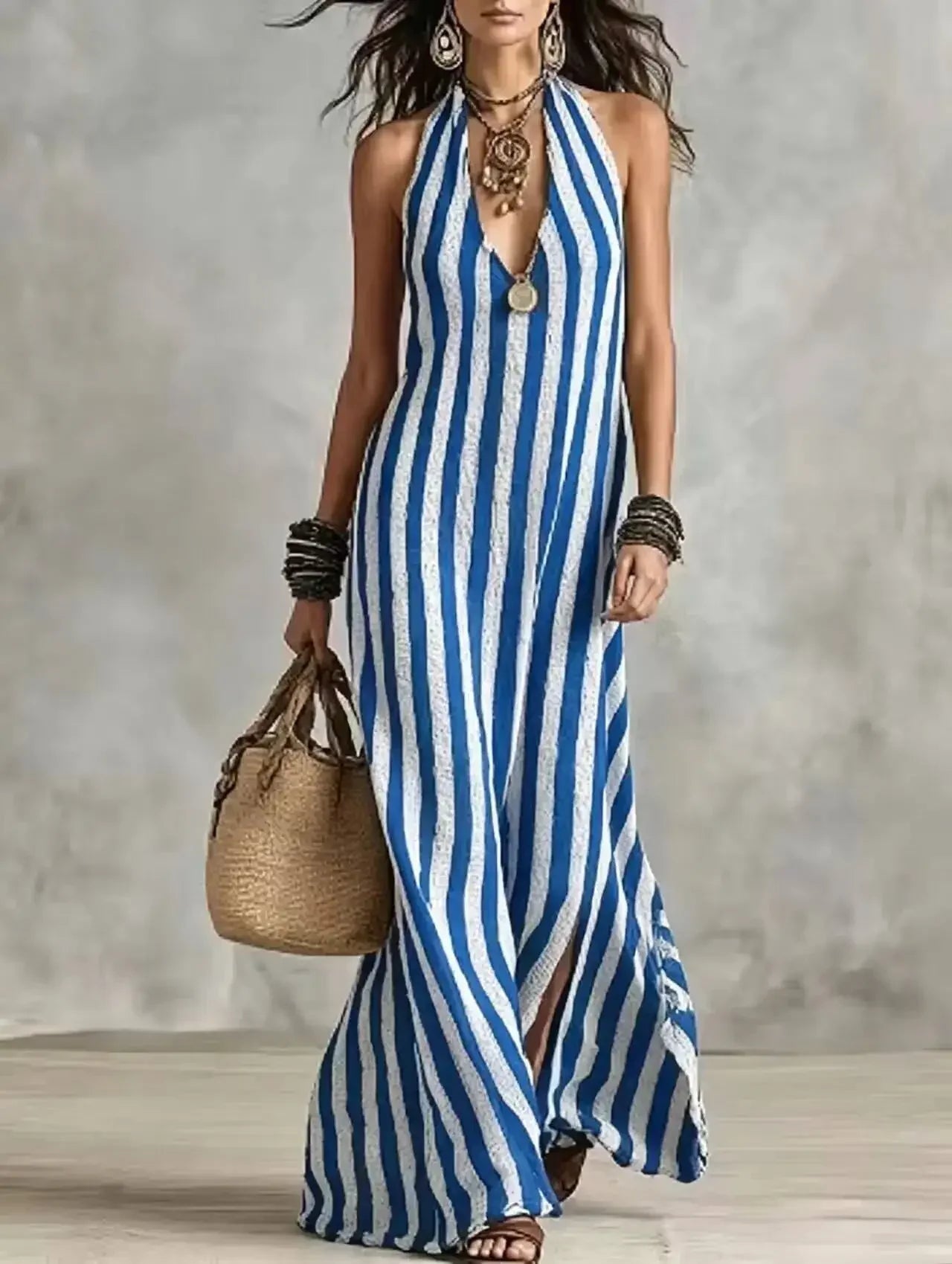 Women's Striped Halter Maxi Dress