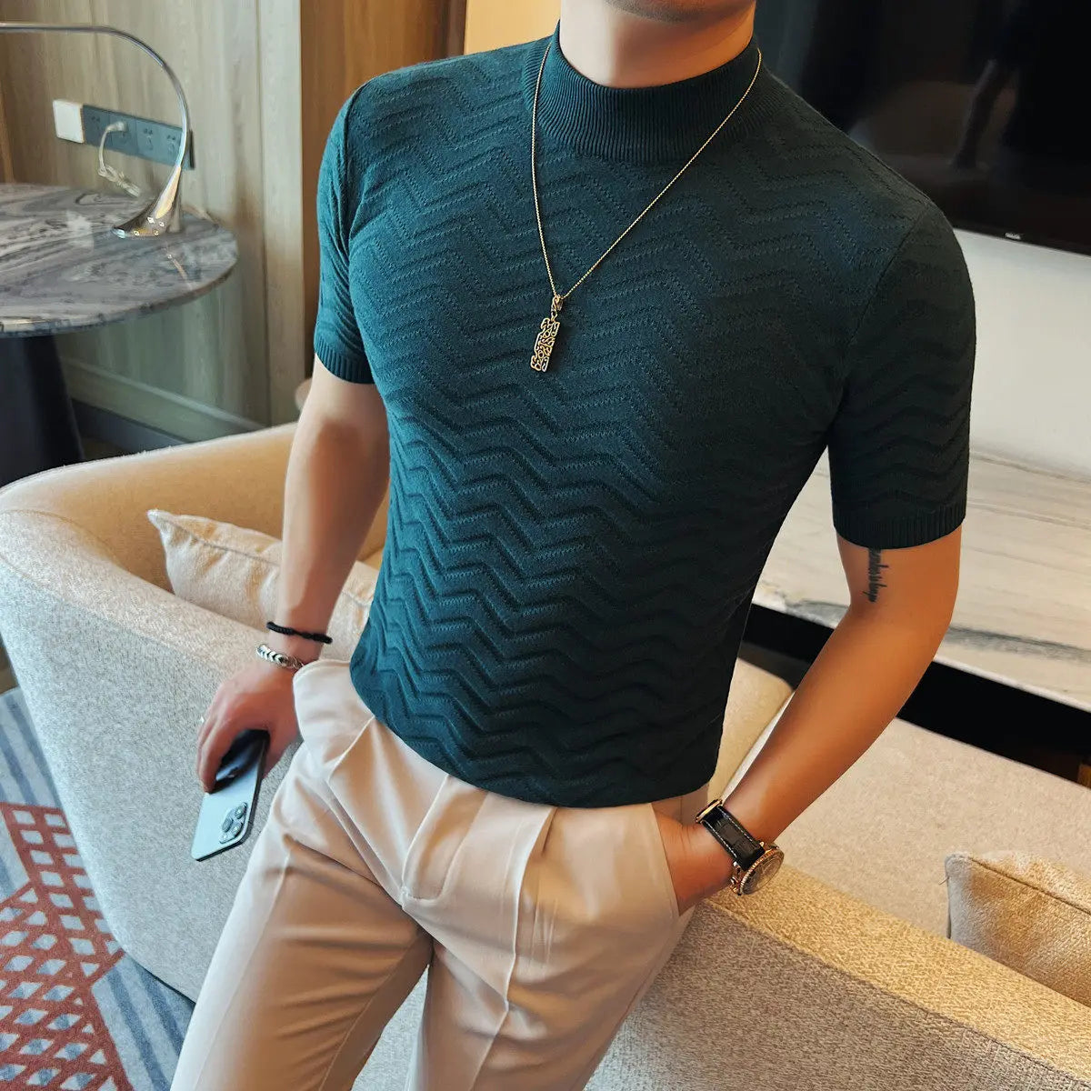 Slim Fit Short-Sleeve Knit Sweater