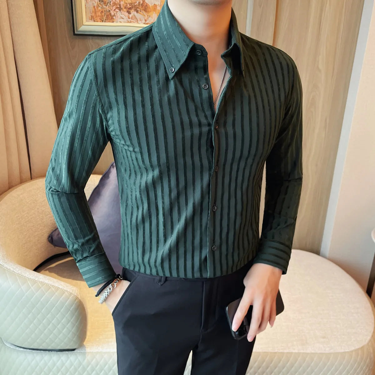 Slim Fit Striped Long-Sleeve Dress Shirt