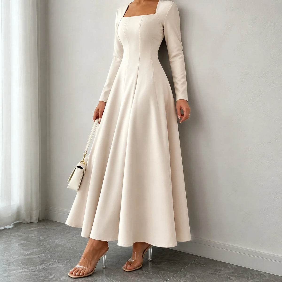Square neck long sleeve a line midi dress