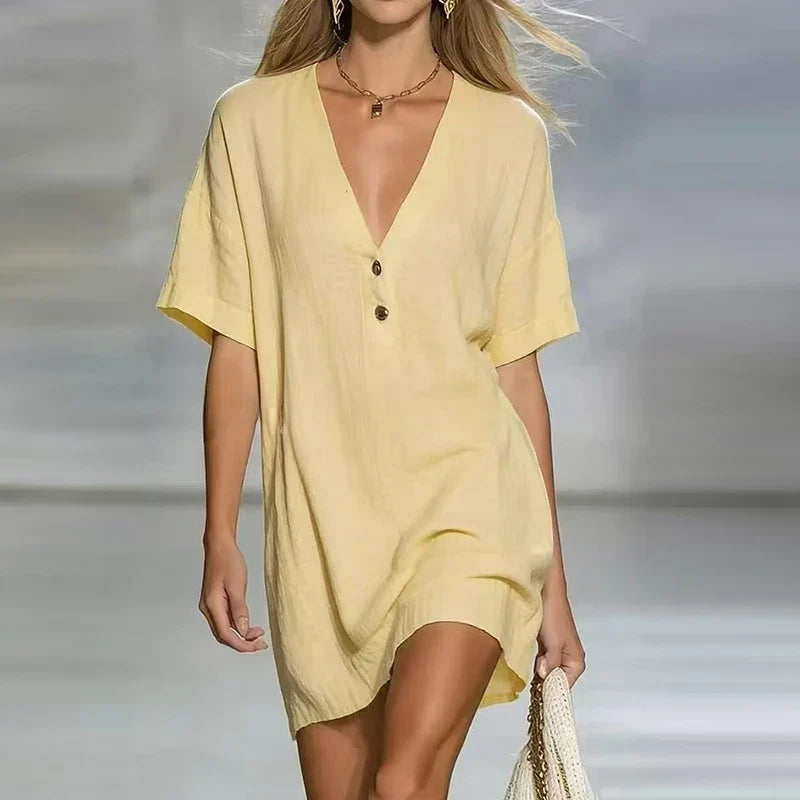Women's V Neck Linen Shirt Dress