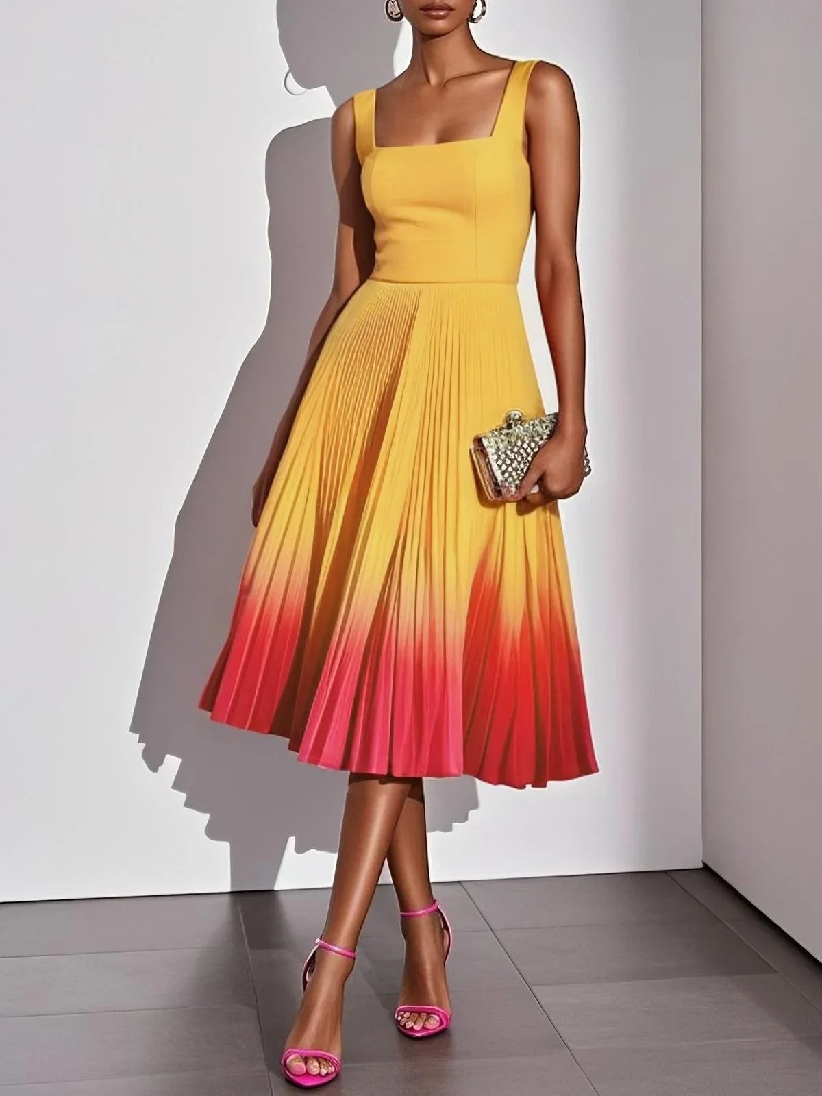 Women's Pleated Ombre Party Midi Dress