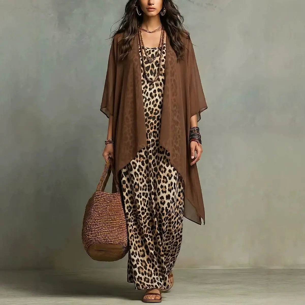 Women's Leopard Print Maxi Dress Set