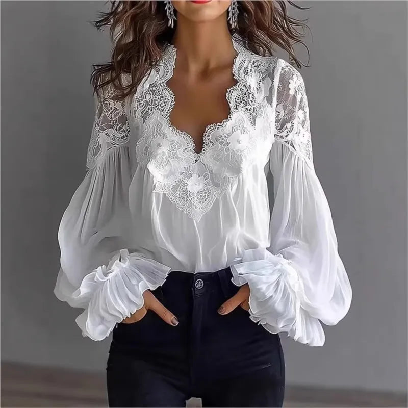 Women's Lace Trim Chiffon Blouse
