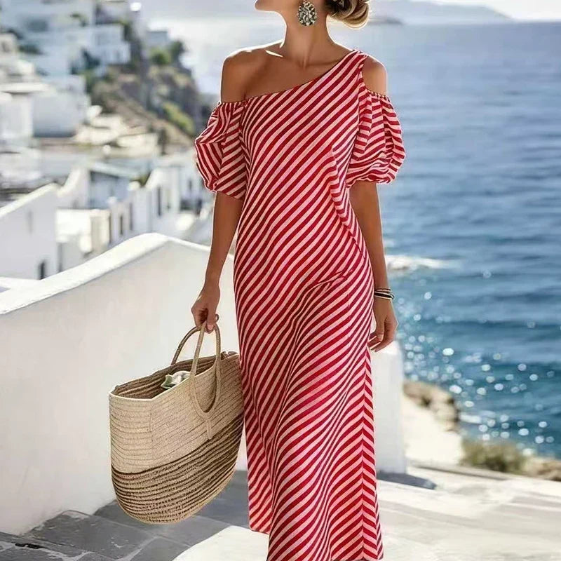 Women's Bohemian Striped One Shoulder Maxi Dress