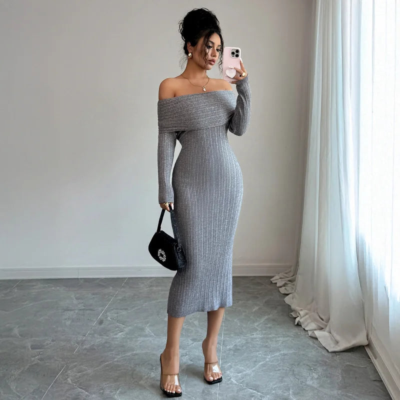 Off shoulder long sleeve knit midi dress
