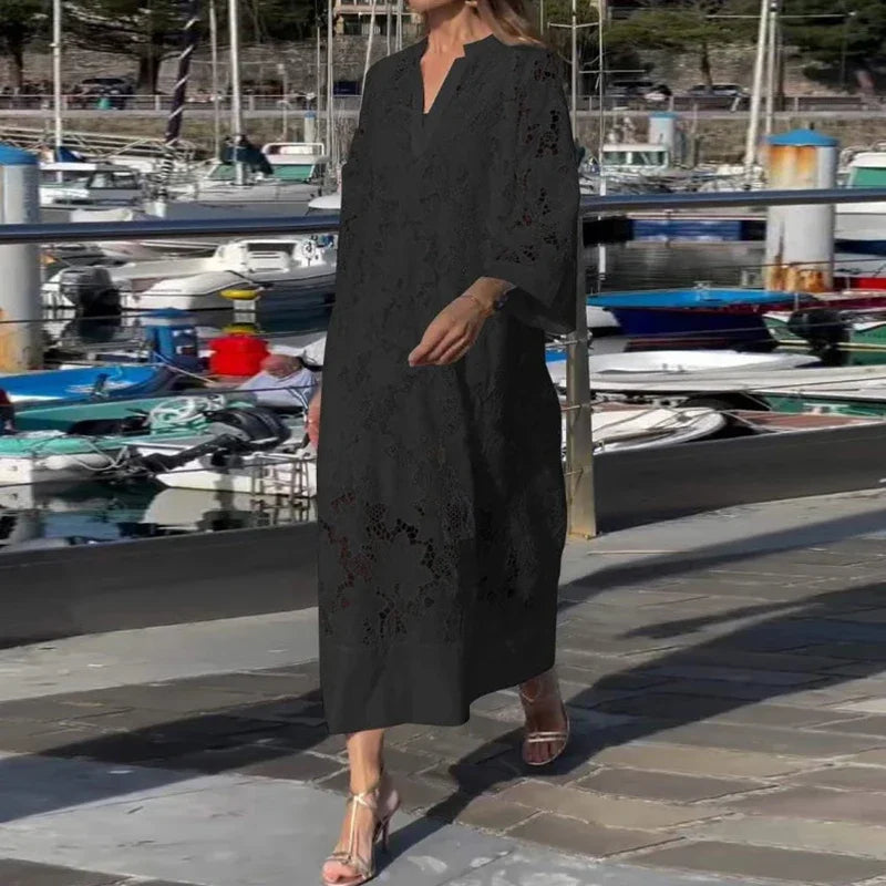Women's Embroidered Eyelet V Neck Maxi Dress