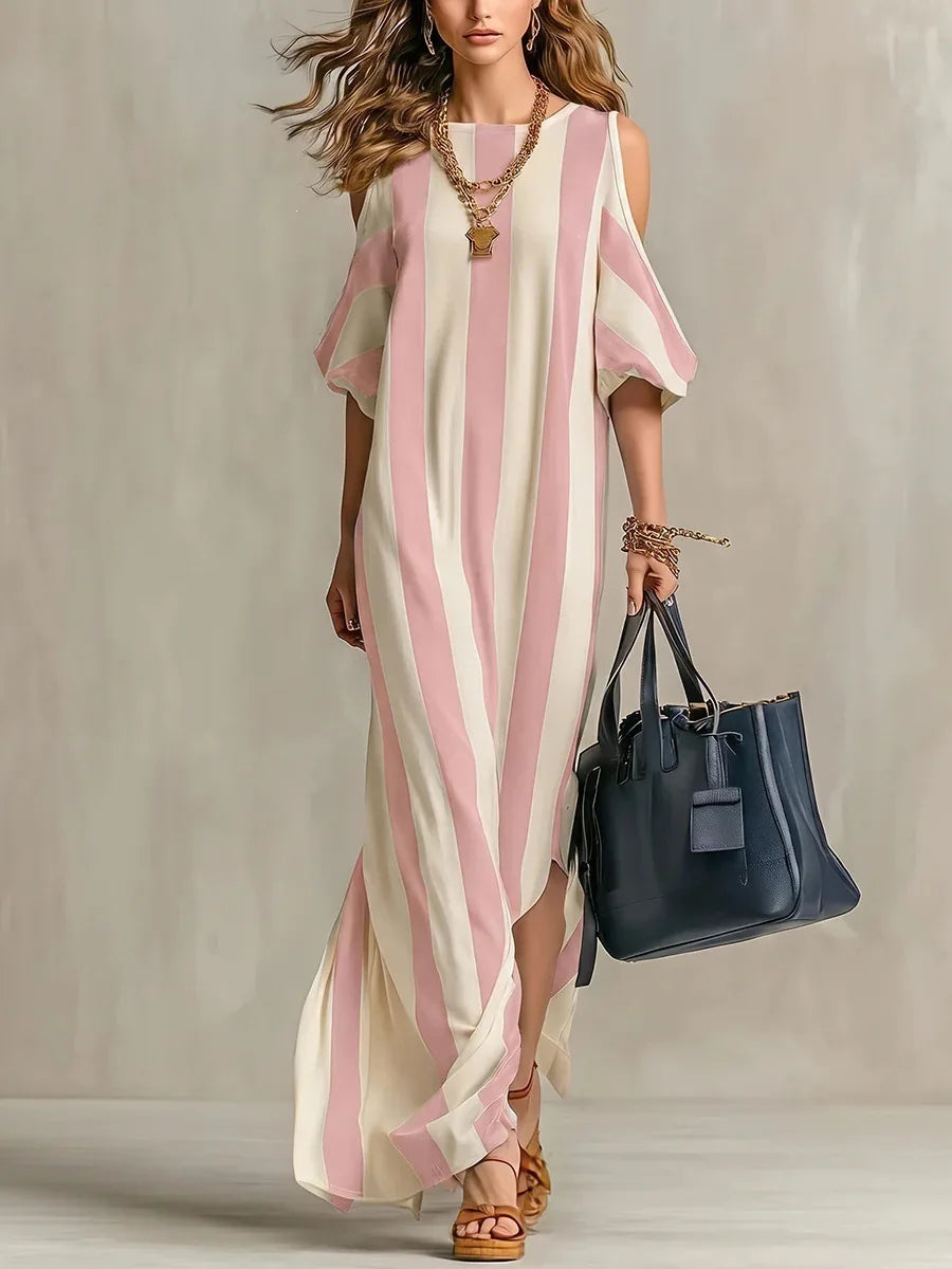Women's Off Shoulder Stripe Split Maxi Dress