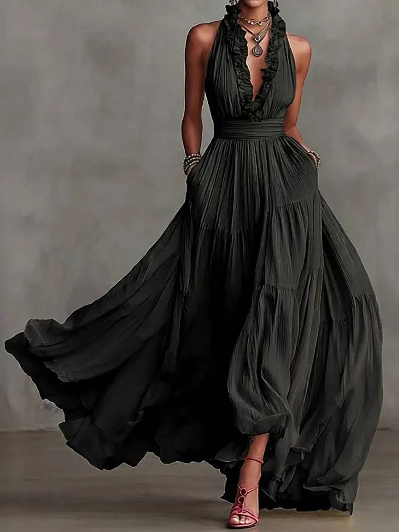 Women's Ruffle Trim Evening Maxi Dress
