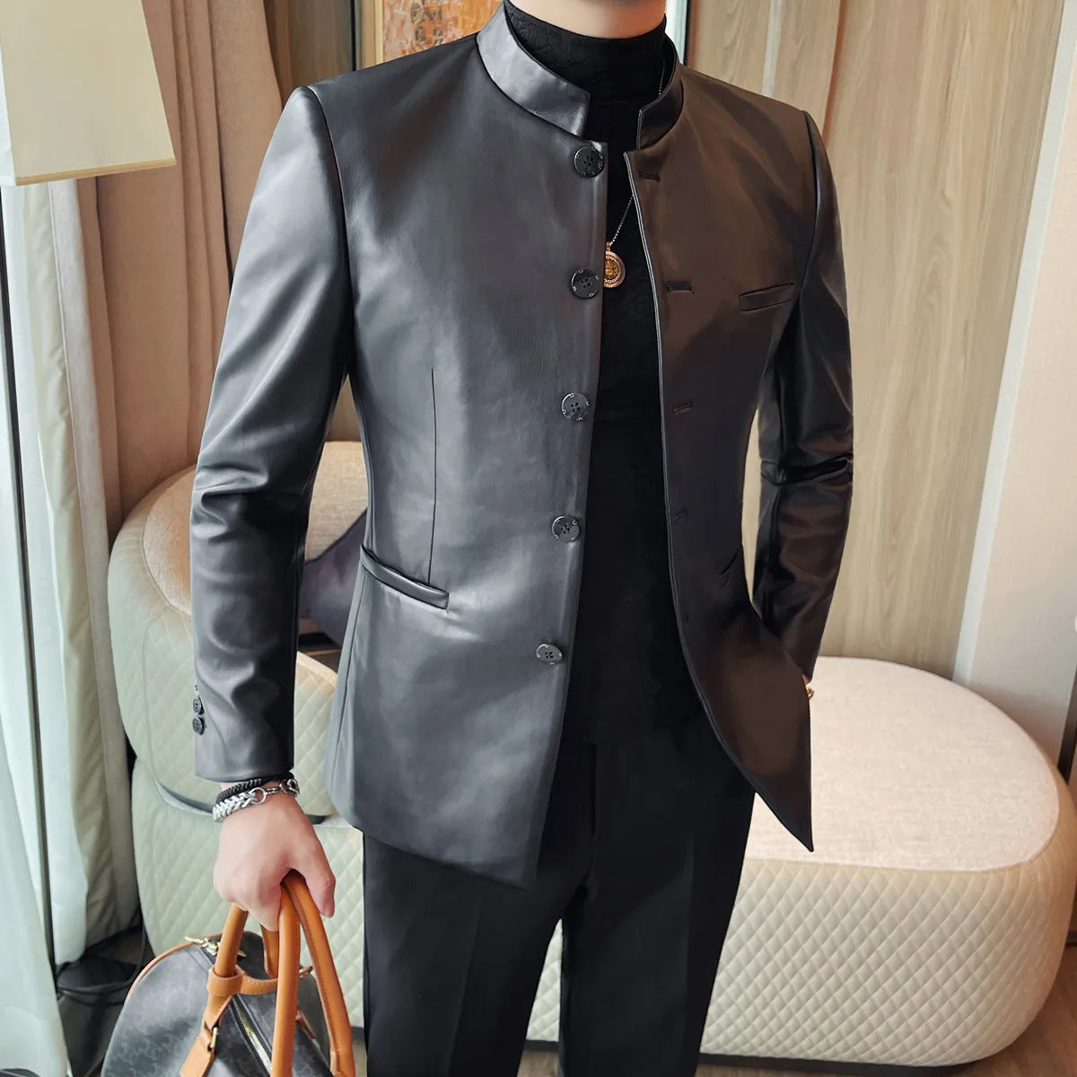 Slim Fit Leather Blazer
