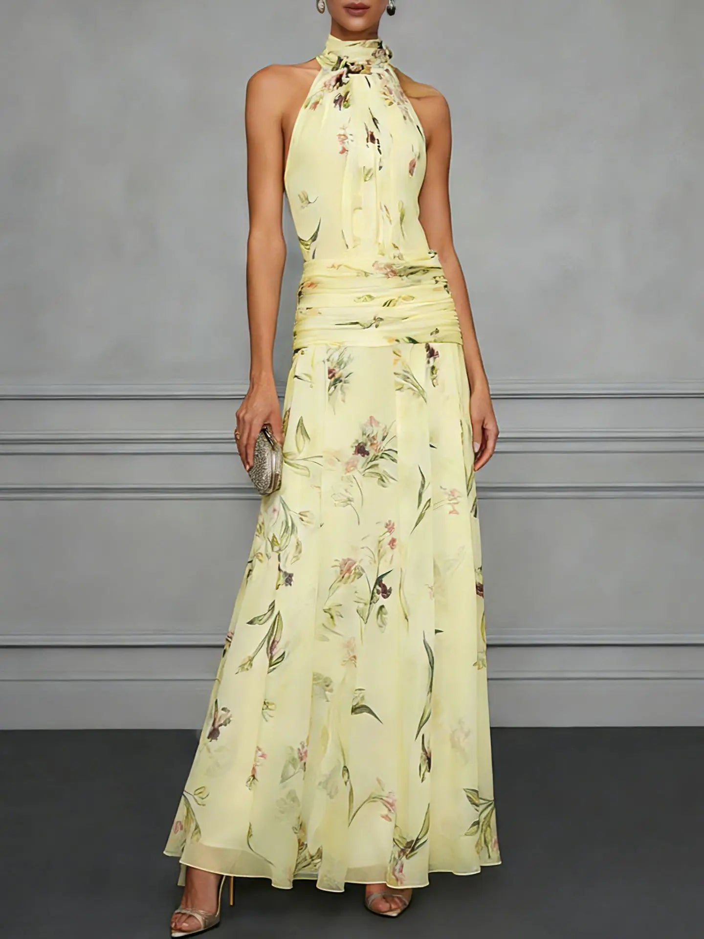 Women's Floral Halter Wedding Guest Dress