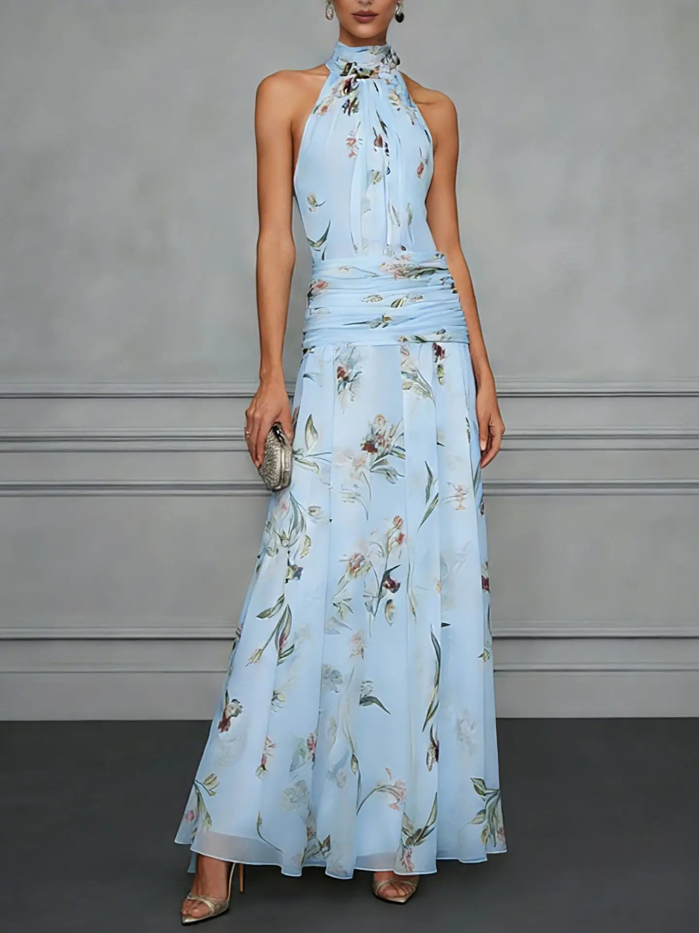 Women's Floral Halter Wedding Guest Dress