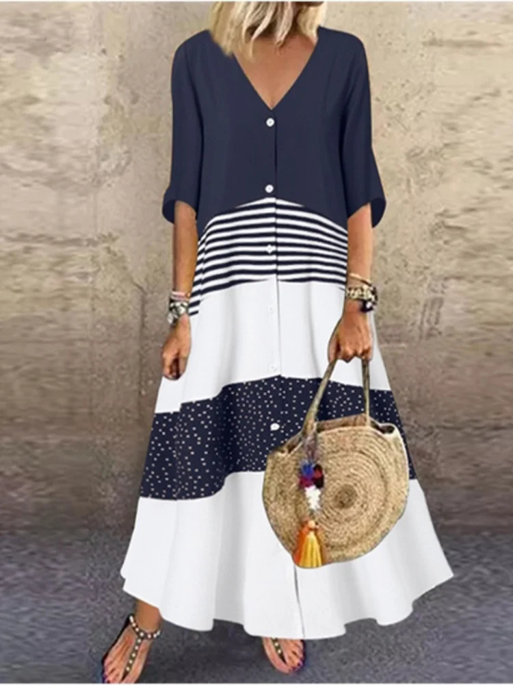 Women's Color Blocked V Neck Maxi Dress