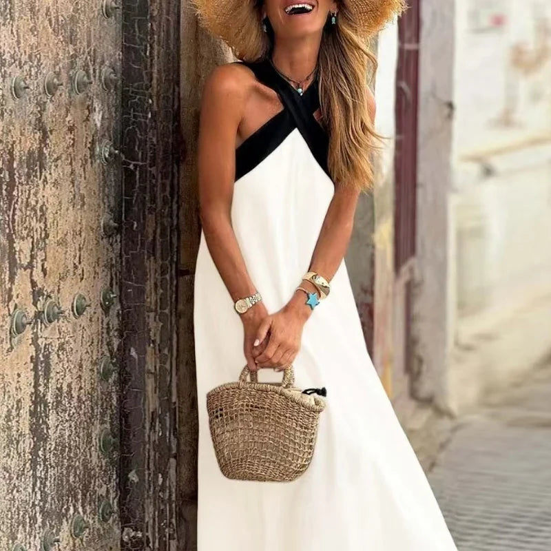 Women's Contrast Halter Backless Maxi Dress
