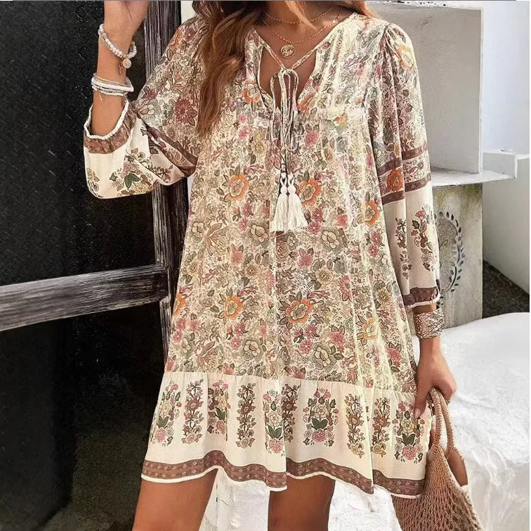 Women's Relaxed Boho Print Long Sleeve Mini Dress
