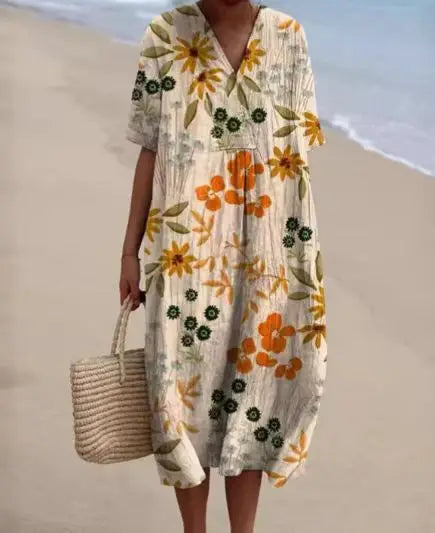 Women's Printed V Neck Midi Dress