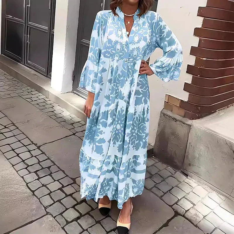 Women's Boho Printed Long Sleeve Midi Dress