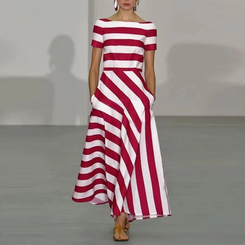 Women's Striped Boat Neck Maxi Dress