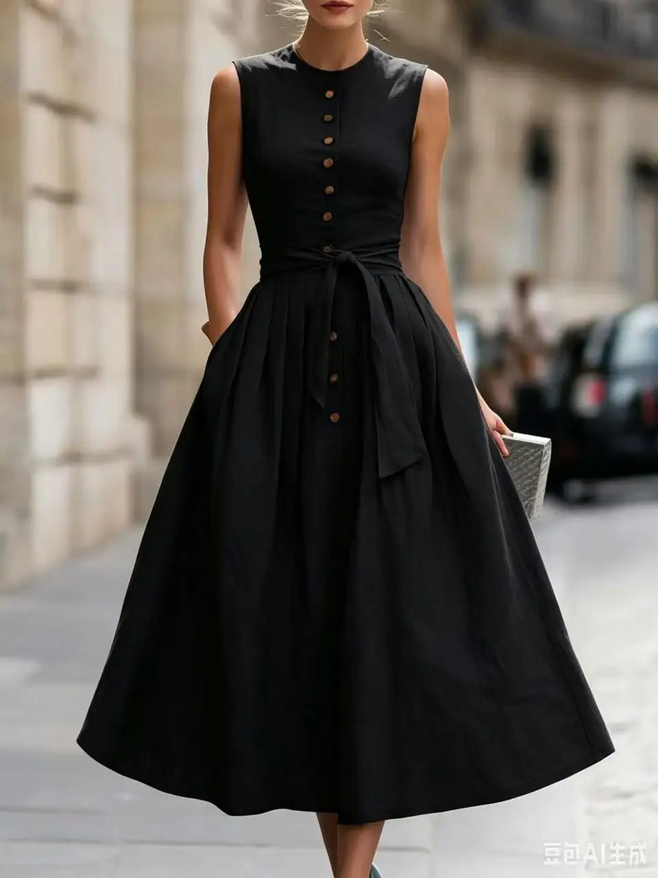 Women's Elegant Tie Waist Linen Midi Dress