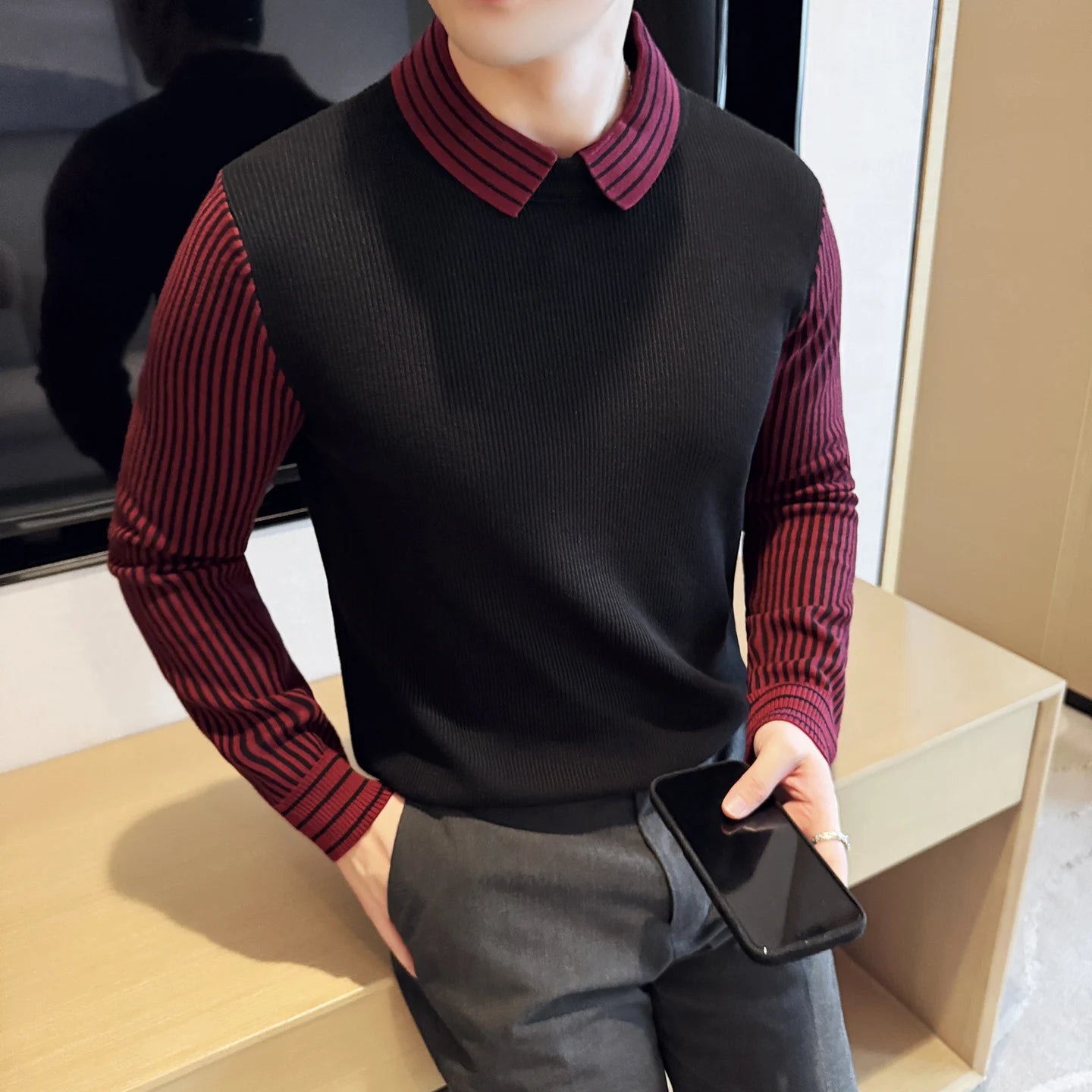 Slim Fit Striped Long-Sleeve Knit Sweater