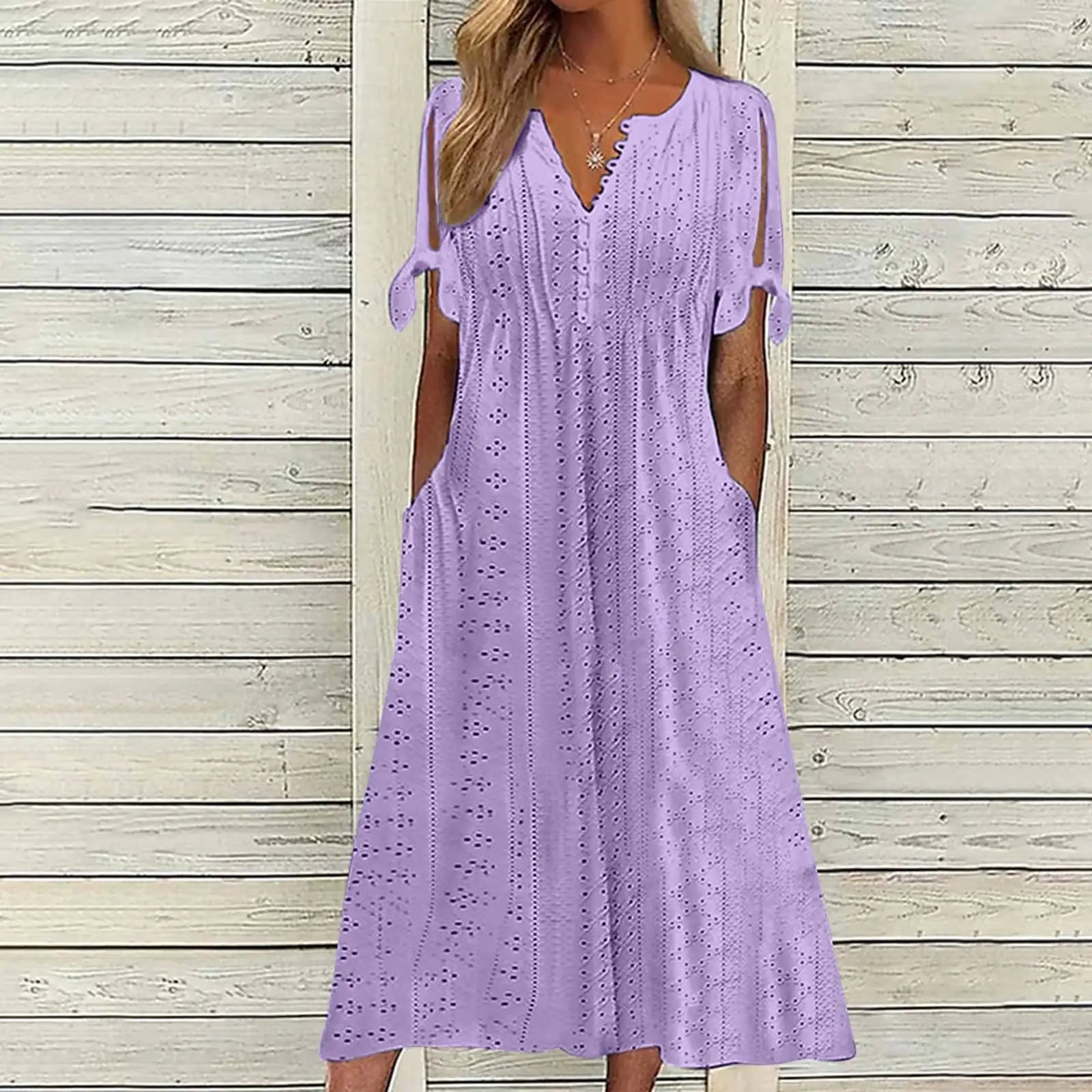 Women's V Neck Eyelet Midi Dress